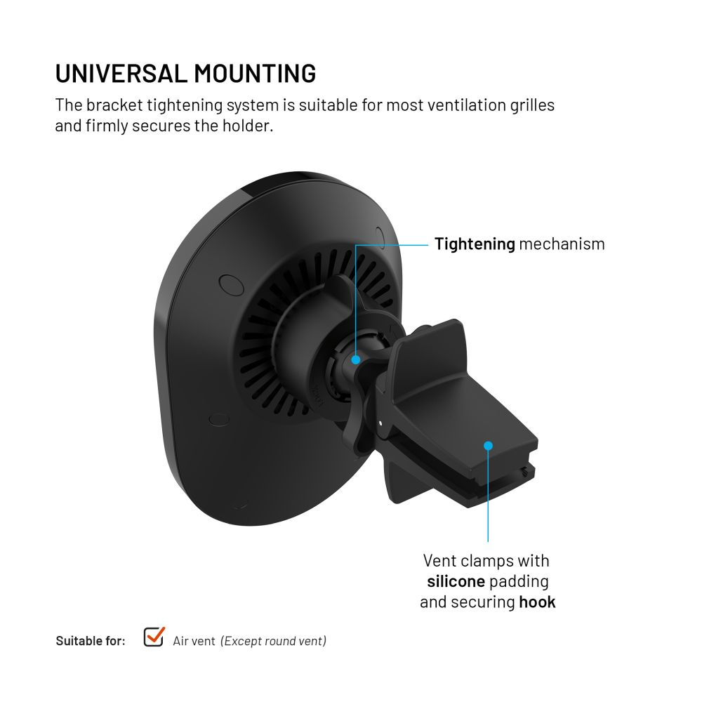 Držák do auta s bezdrátovým nabíjením FIXED MagAir s podporou uchycení MagSafe a standardem Qi2, 15W, černá