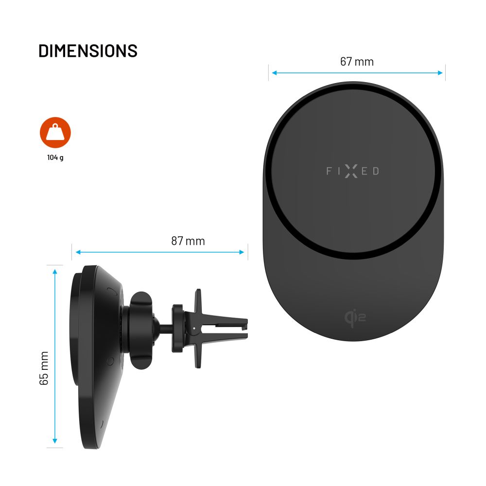 Držák do auta s bezdrátovým nabíjením FIXED MagAir s podporou uchycení MagSafe a standardem Qi2, 15W, černá