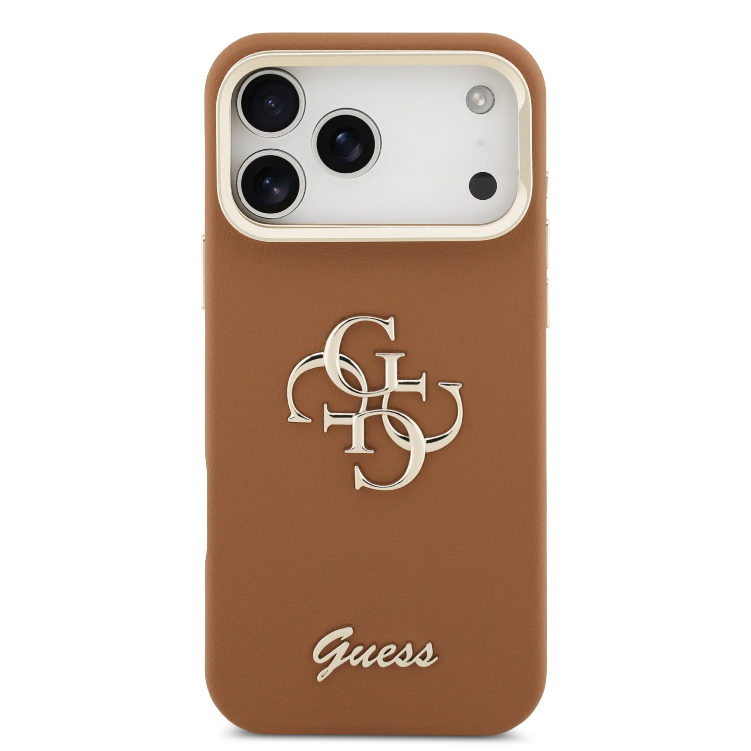 Guess PU Grained 4G Logo Stand Camera Frame Zadní Kryt pro iPhone 17 Pro Max Brown