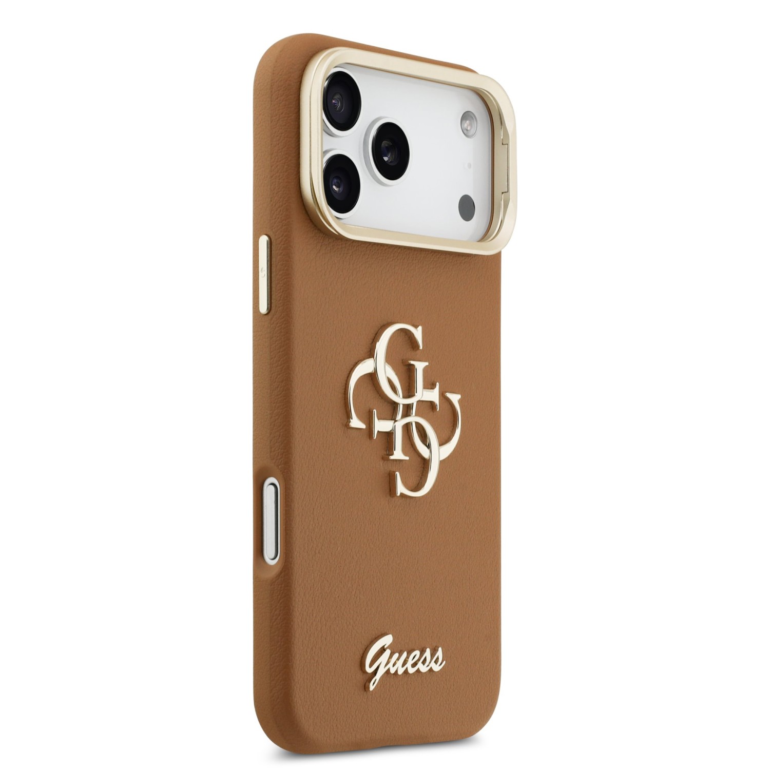 Guess PU Grained 4G Logo Stand Camera Frame Zadní Kryt pro iPhone 17 Pro Max Brown