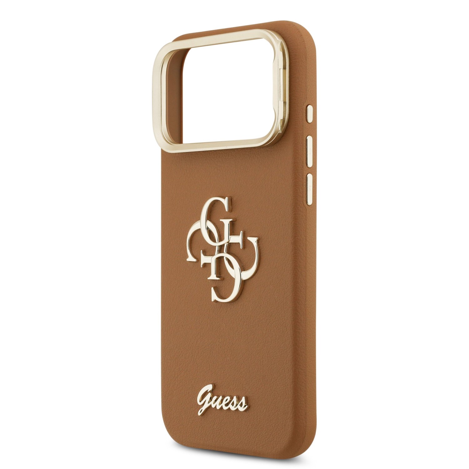 Guess PU Grained 4G Logo Stand Camera Frame Zadní Kryt pro iPhone 17 Pro Max Brown