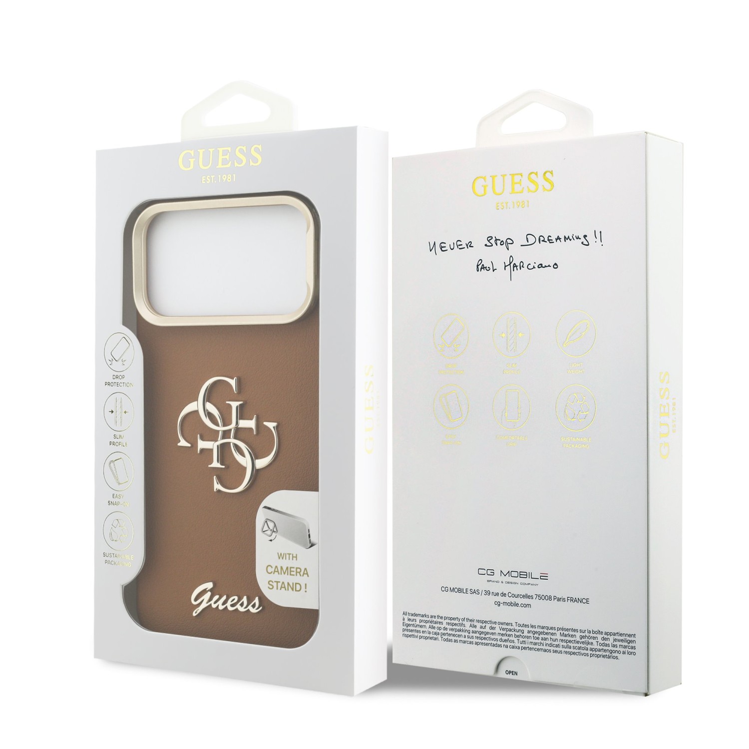 Guess PU Grained 4G Logo Stand Camera Frame Zadní Kryt pro iPhone 17 Pro Max Brown