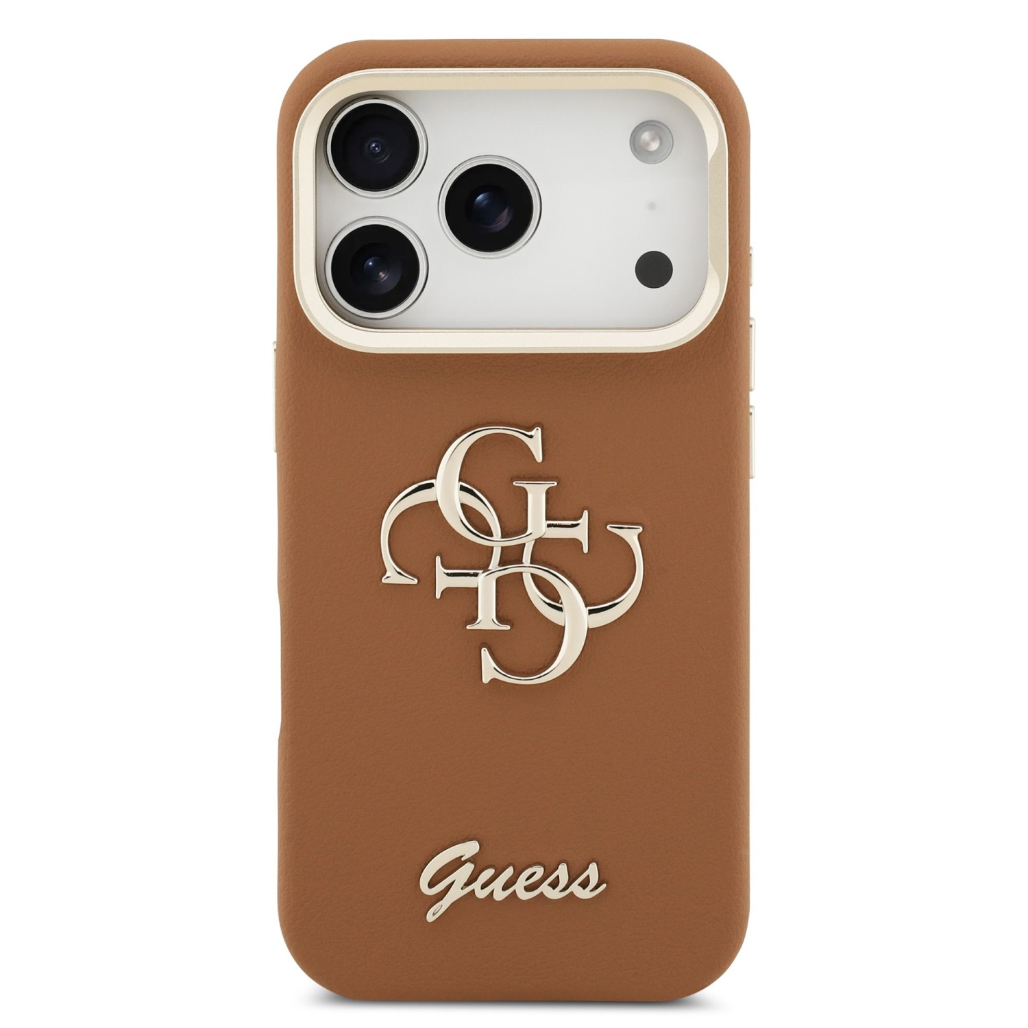 Guess PU Grained 4G Logo Stand Camera Frame Zadní Kryt pro iPhone 17 Pro Brown