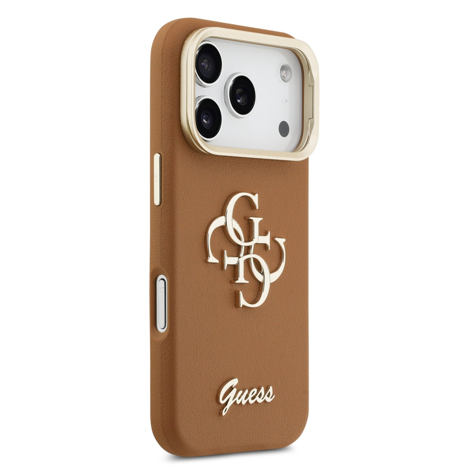 Guess PU Grained 4G Logo Stand Camera Frame Zadní Kryt pro iPhone 17 Pro Brown