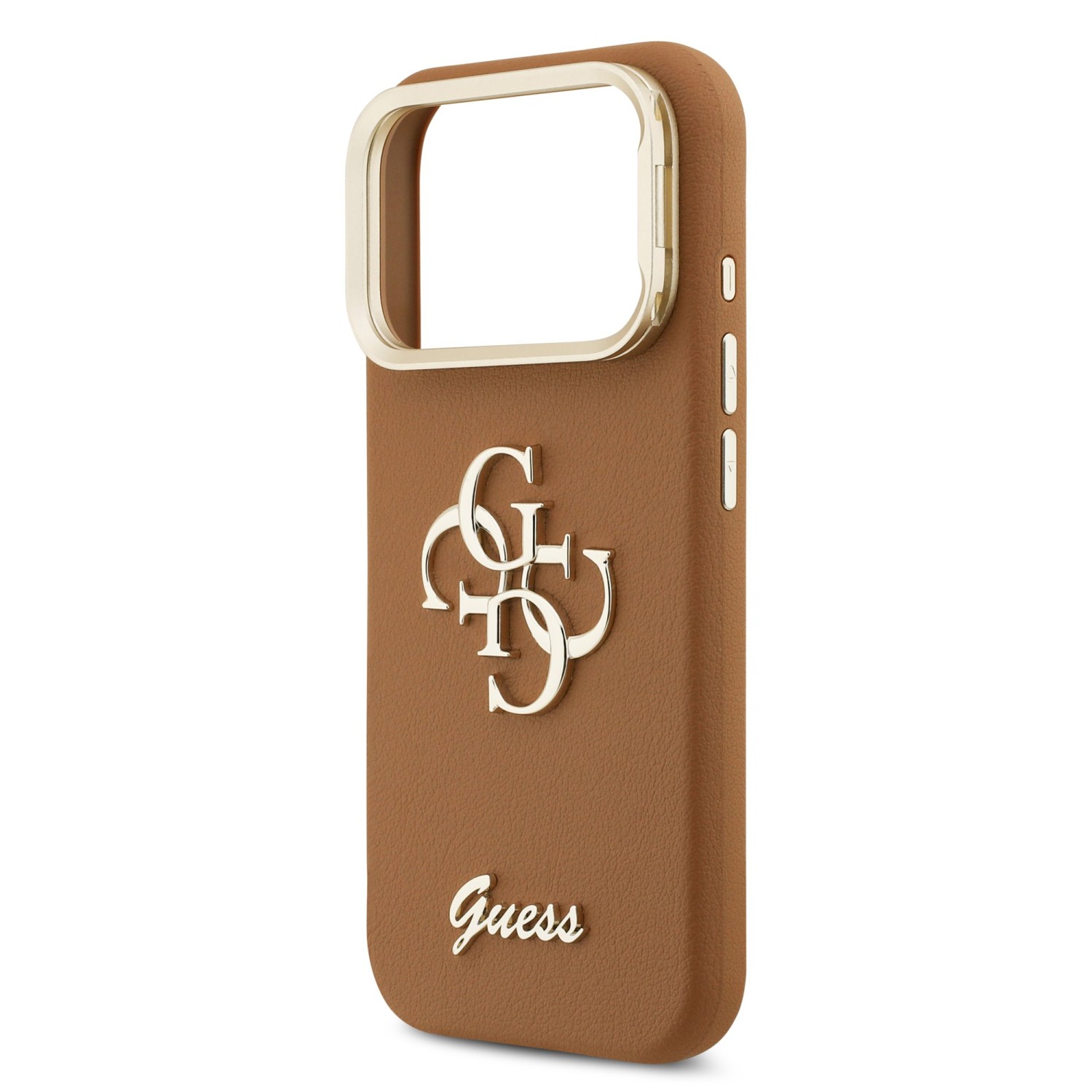 Guess PU Grained 4G Logo Stand Camera Frame Zadní Kryt pro iPhone 17 Pro Brown