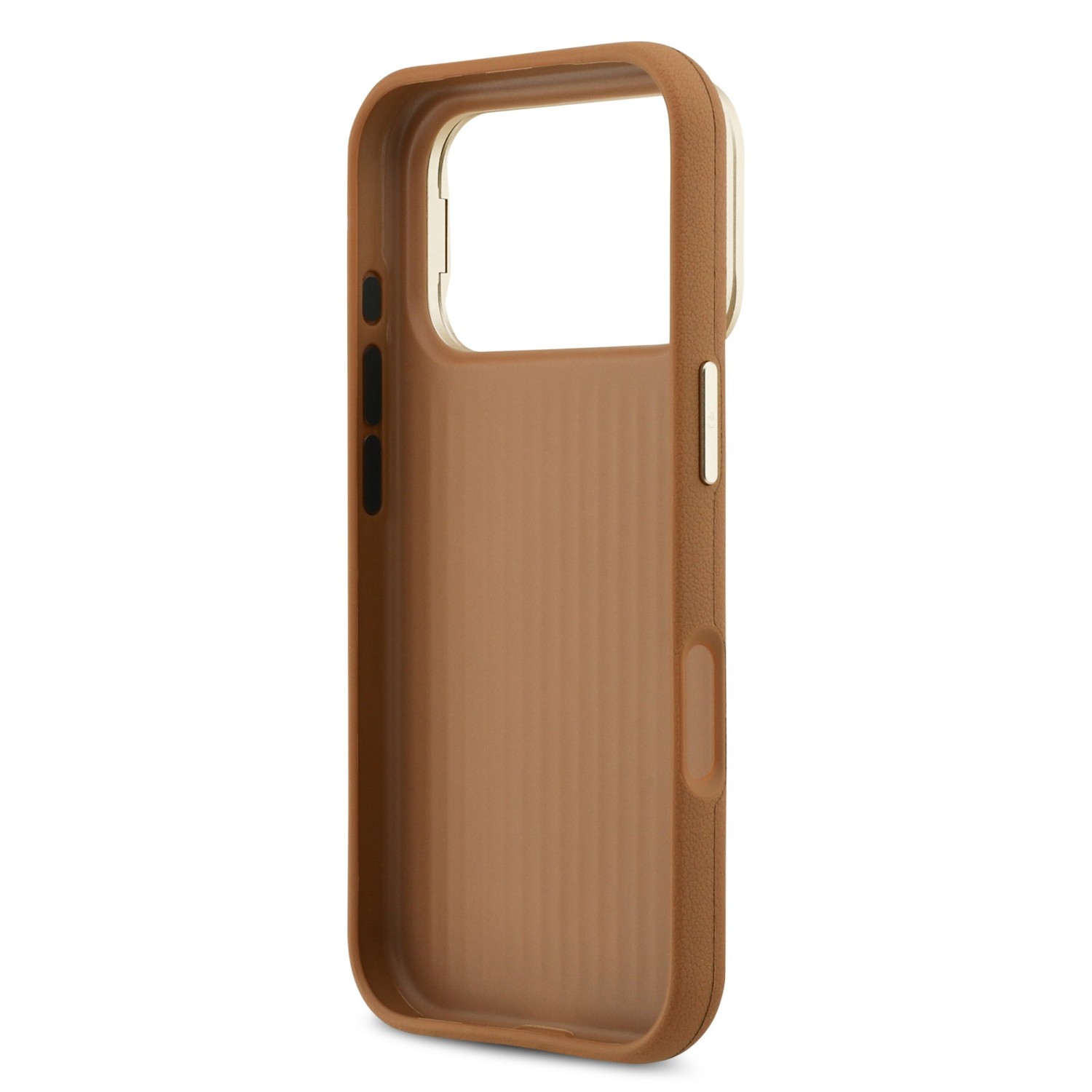 Guess PU Grained 4G Logo Stand Camera Frame Zadní Kryt pro iPhone 17 Pro Brown