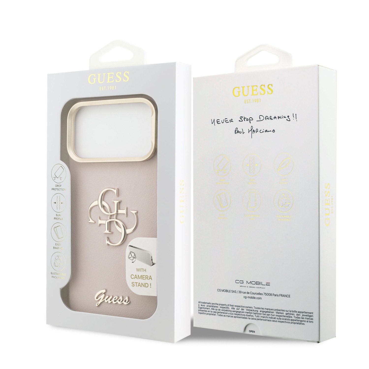 Guess PU Grained 4G Logo Stand Camera Frame Zadní Kryt pro iPhone 17 Pro Max Pink