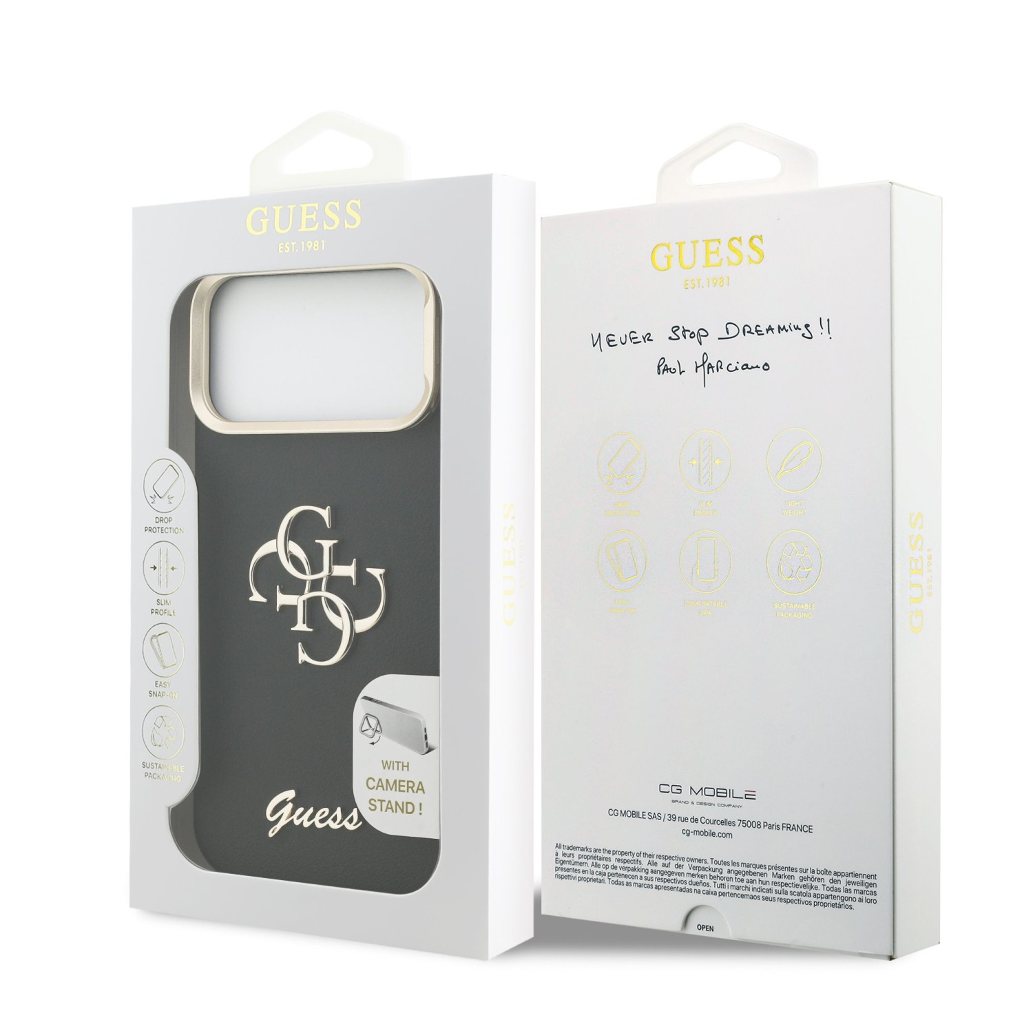 Guess PU Grained 4G Logo Stand Camera Frame Zadní Kryt pro iPhone 17 Pro Max Black