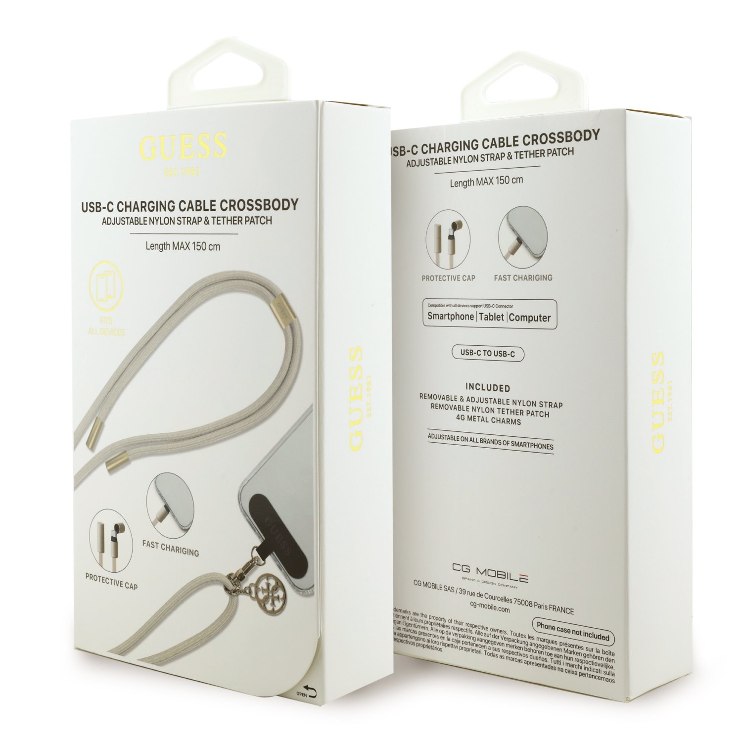 Guess Crossbody Popruh 4G Charm s Nabíjecím Kabelem USB-C/USB-C Beige