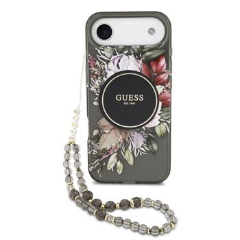 Zadní kryt Guess IML Flowers Strap MagSafe pro Apple iPhone 17, černá