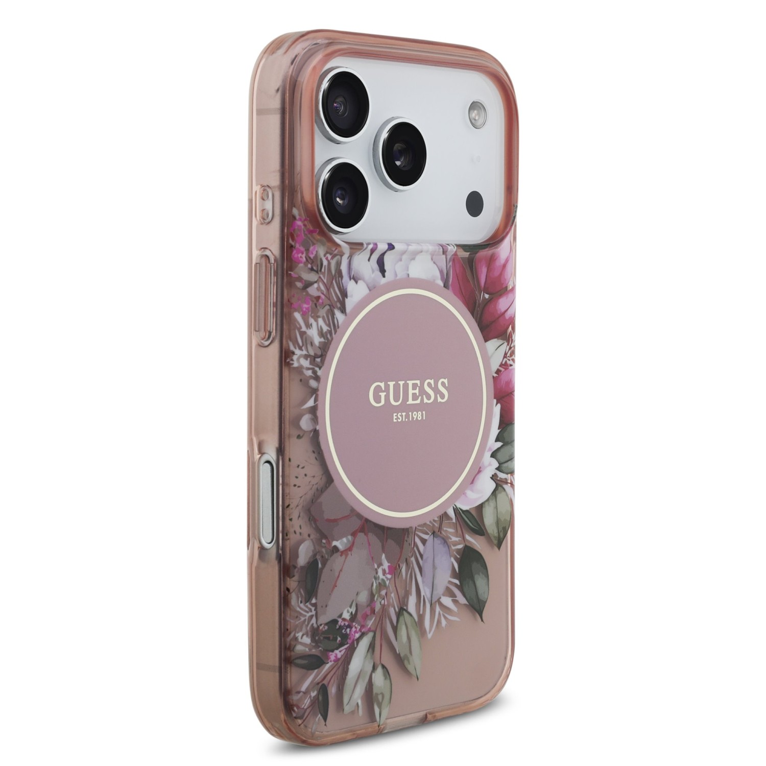 Guess IML Flowers Strap MagSafe Zadní Kryt pro iPhone 17 Pro Pink