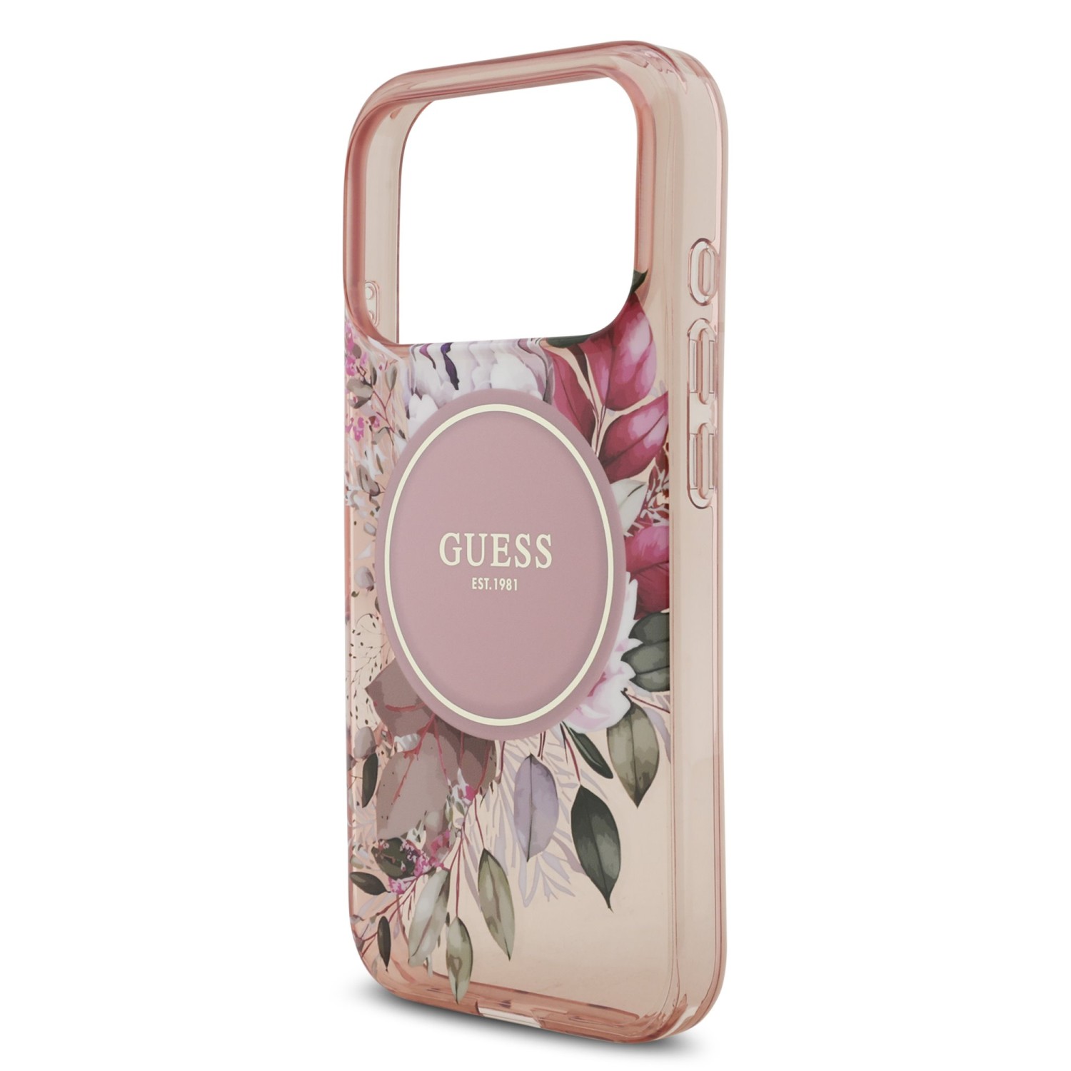 Guess IML Flowers Strap MagSafe Zadní Kryt pro iPhone 17 Pro Pink