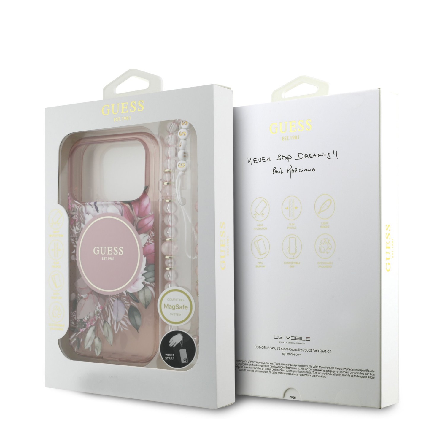 Guess IML Flowers Strap MagSafe Zadní Kryt pro iPhone 17 Pro Pink