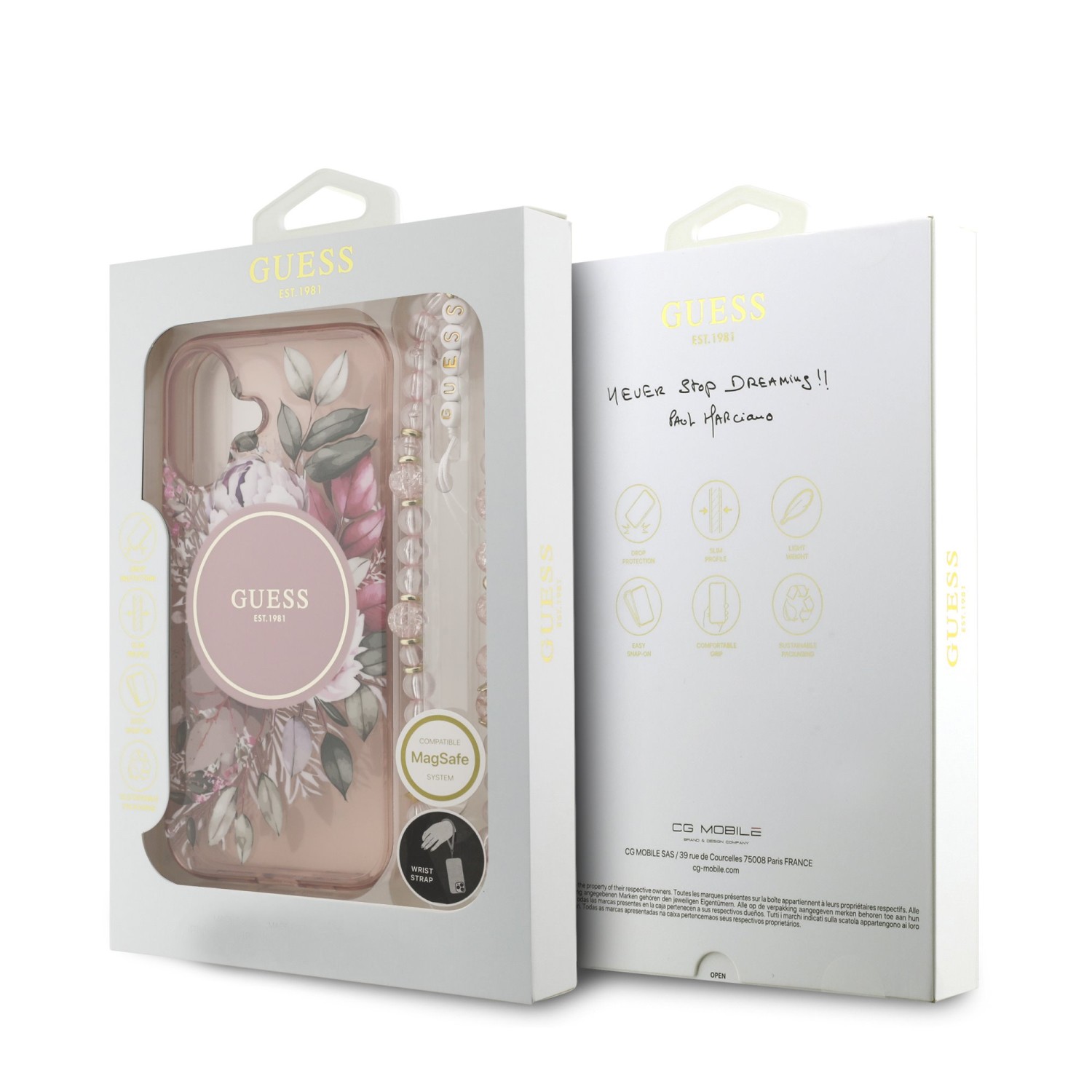 Guess IML Flowers Strap MagSafe Zadní Kryt pro iPhone 17 Pink