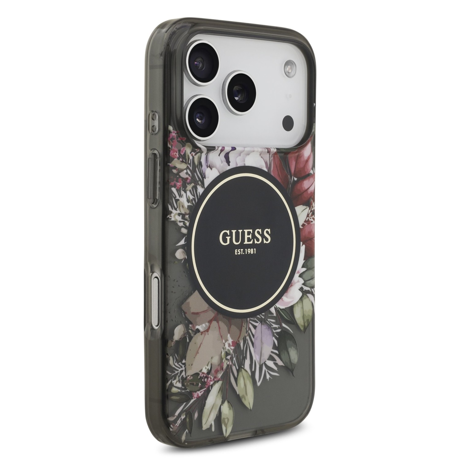 Guess IML Flowers Strap MagSafe Zadní Kryt pro iPhone 17 Pro Black