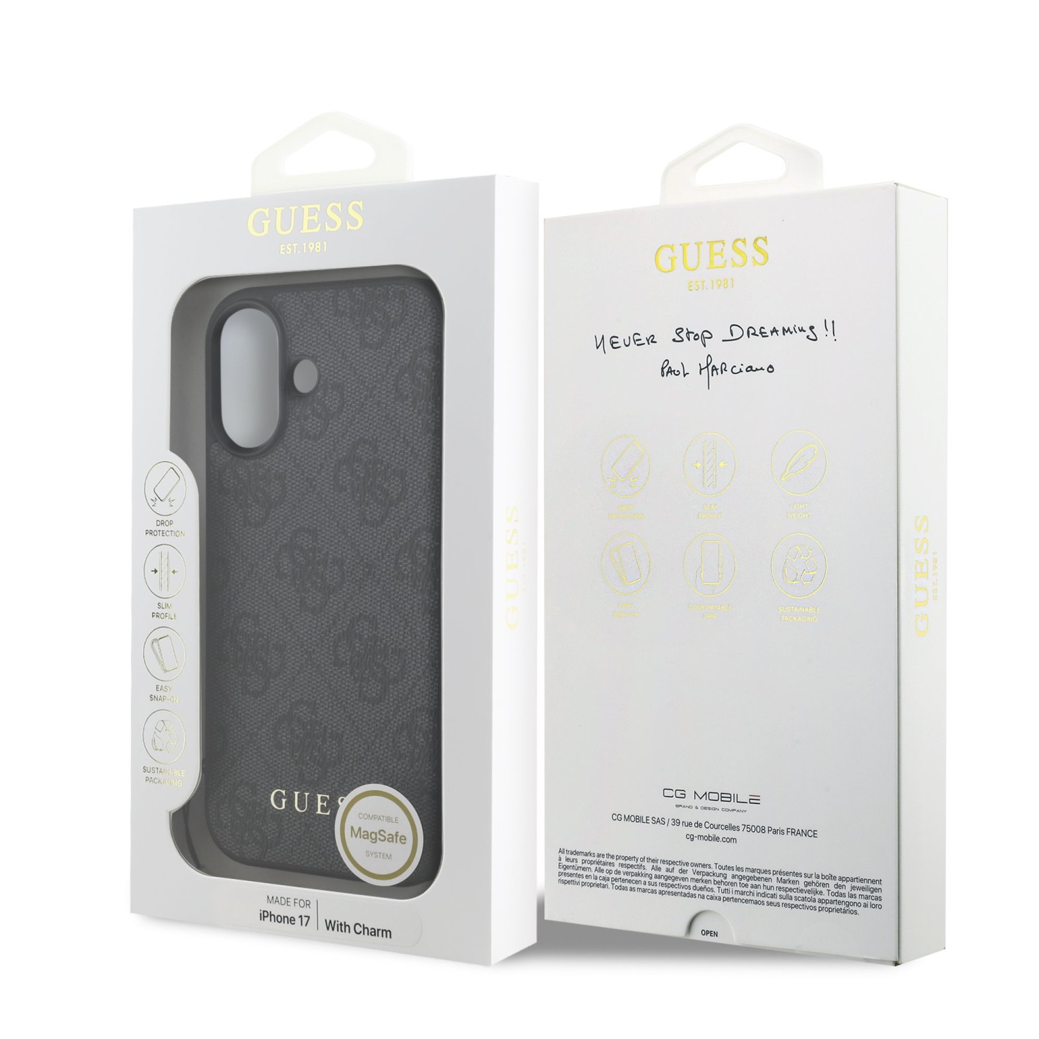 Guess 4G Charm Zadní Kryt pro iPhone 17 Tone on Tone Grey