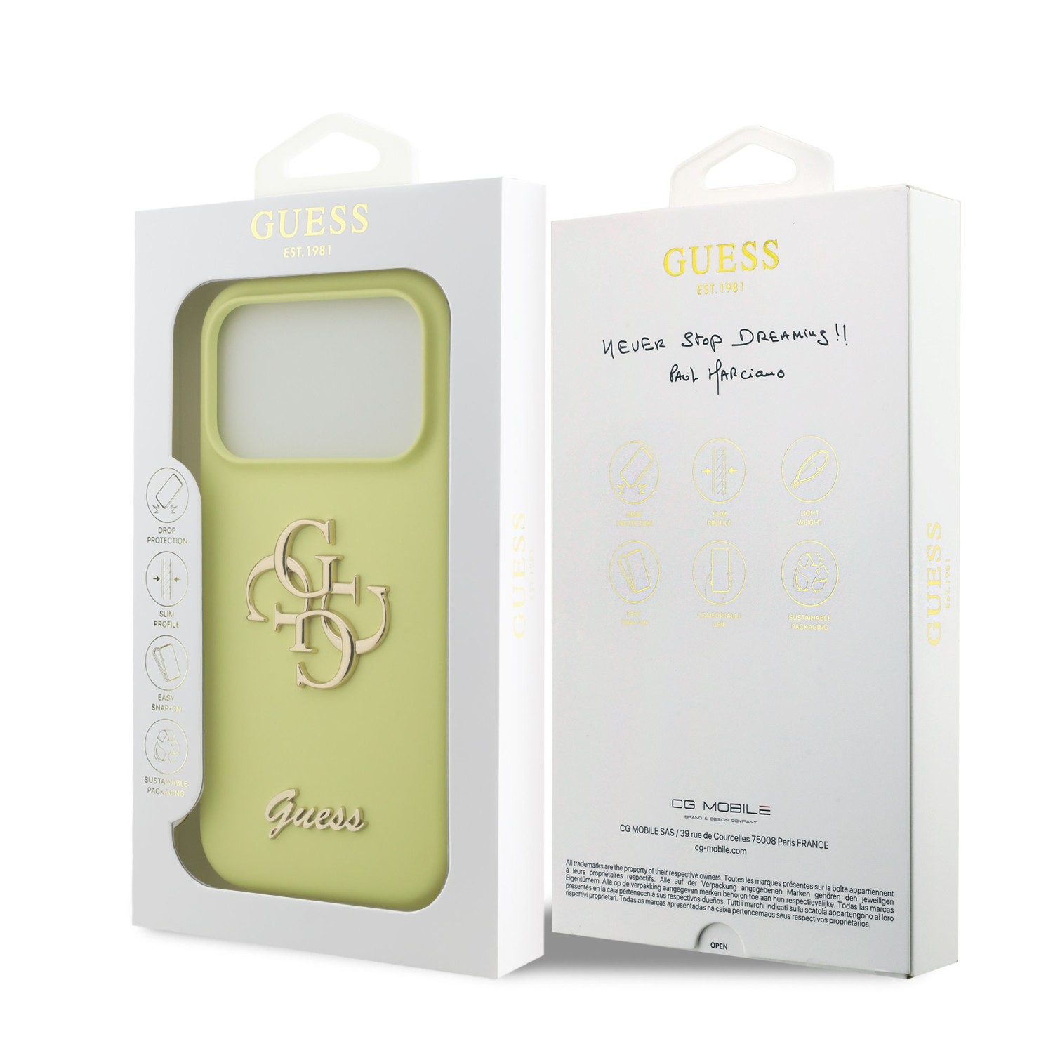 Guess Liquid Silicone 4G Metal Logo Zadní Kryt pro iPhone 17 Pro Yellow