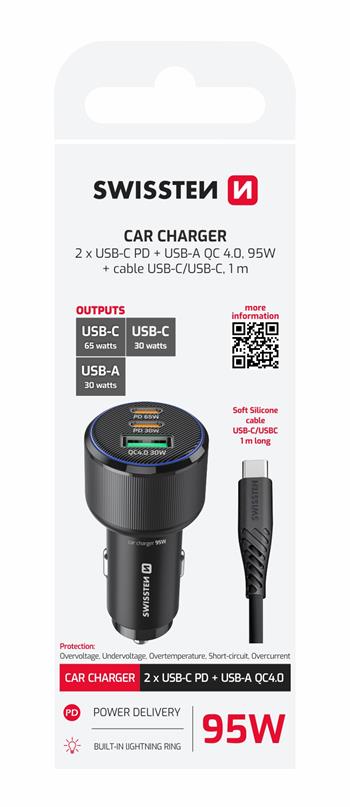 Adaptér SWISSTEN CL 2x USB-C PD + USB-A, 95W + KABEL USB-C / USB-C, 1 M, černá