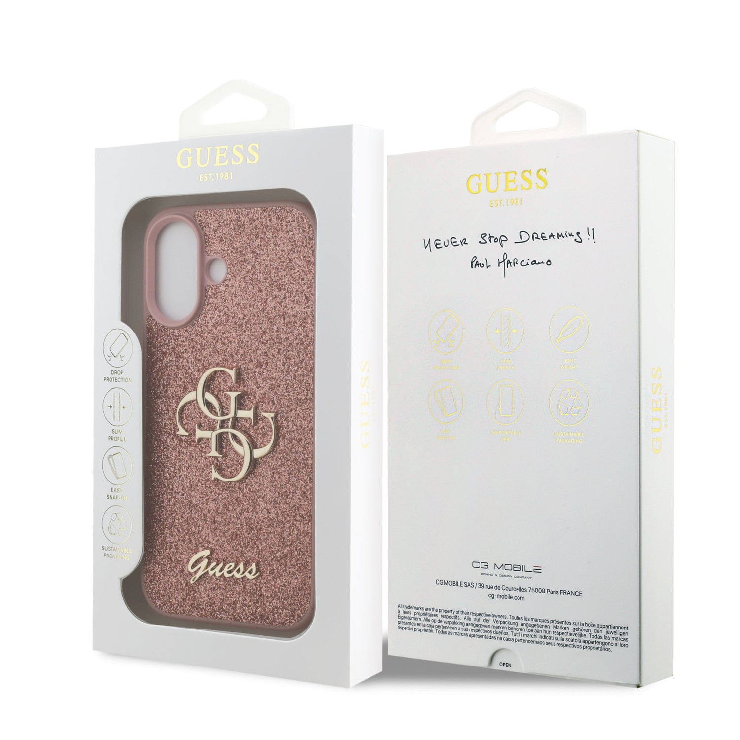 Guess PU Fixed Glitter 4G Metal Logo Zadní Kryt pro iPhone 17 Pink