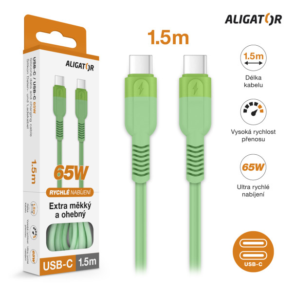 Datový kabel ALIGATOR SoftPastels 3A 65W, USB-C/USB-C, zelený