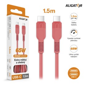Datový kabel ALIGATOR SoftPastels 3A 65W, USB-C/USB-C, růžová