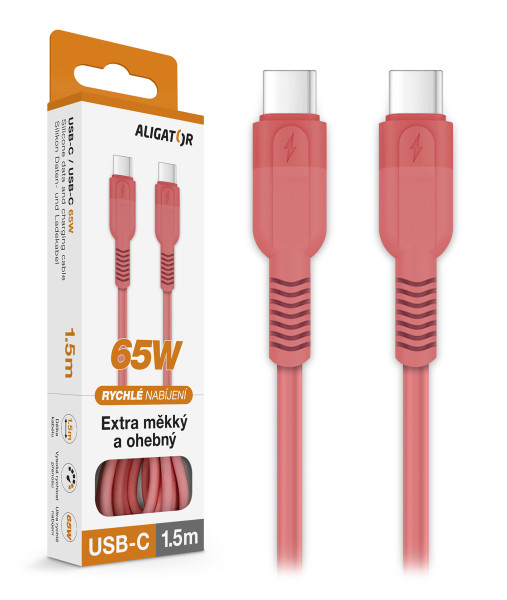Datový kabel ALIGATOR SoftPastels 3A 65W, USB-C/USB-C, růžový