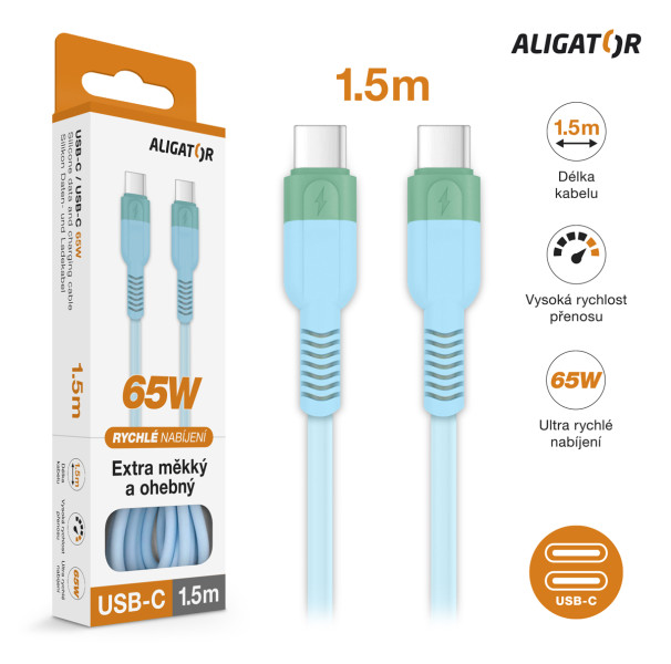 Datový kabel ALIGATOR SoftPastels 3A 65W, USB-C/USB-C, modrý