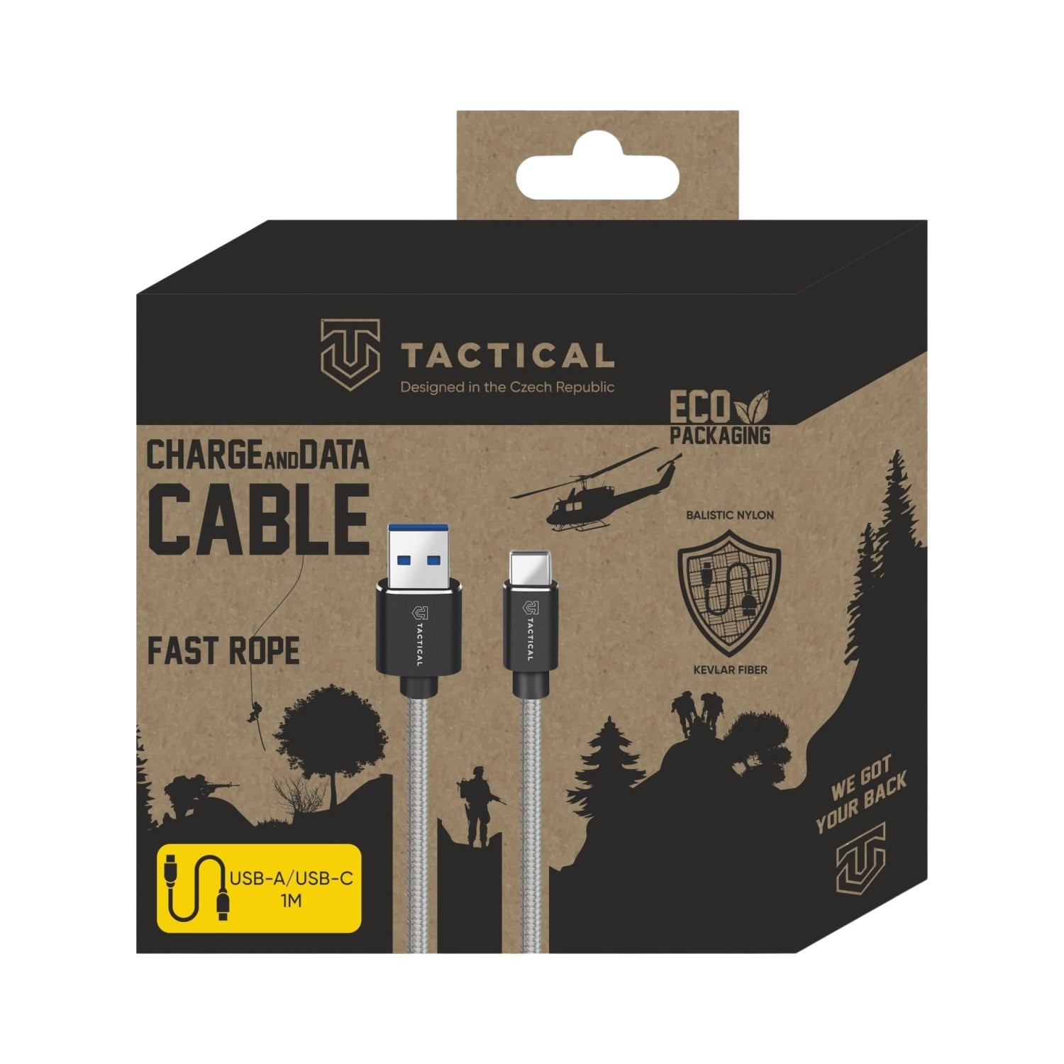 Tactical Fast Rope Aramid Cable USB-A/USB-C 1m Grey