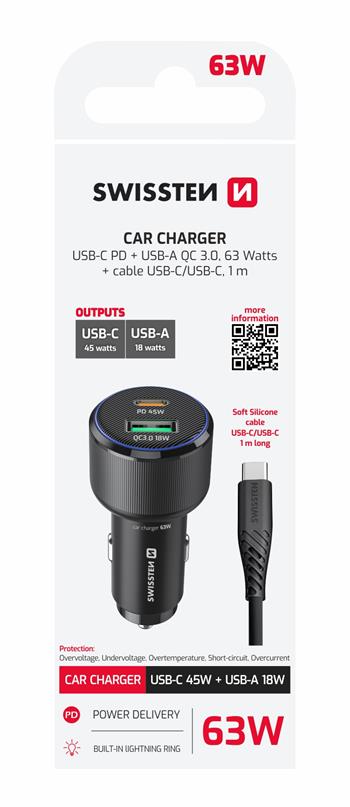 Adaptér SWISSTEN USB-C PD + USB-A, 63W+ KABEL USB-C / USB-C, 1 M, černá