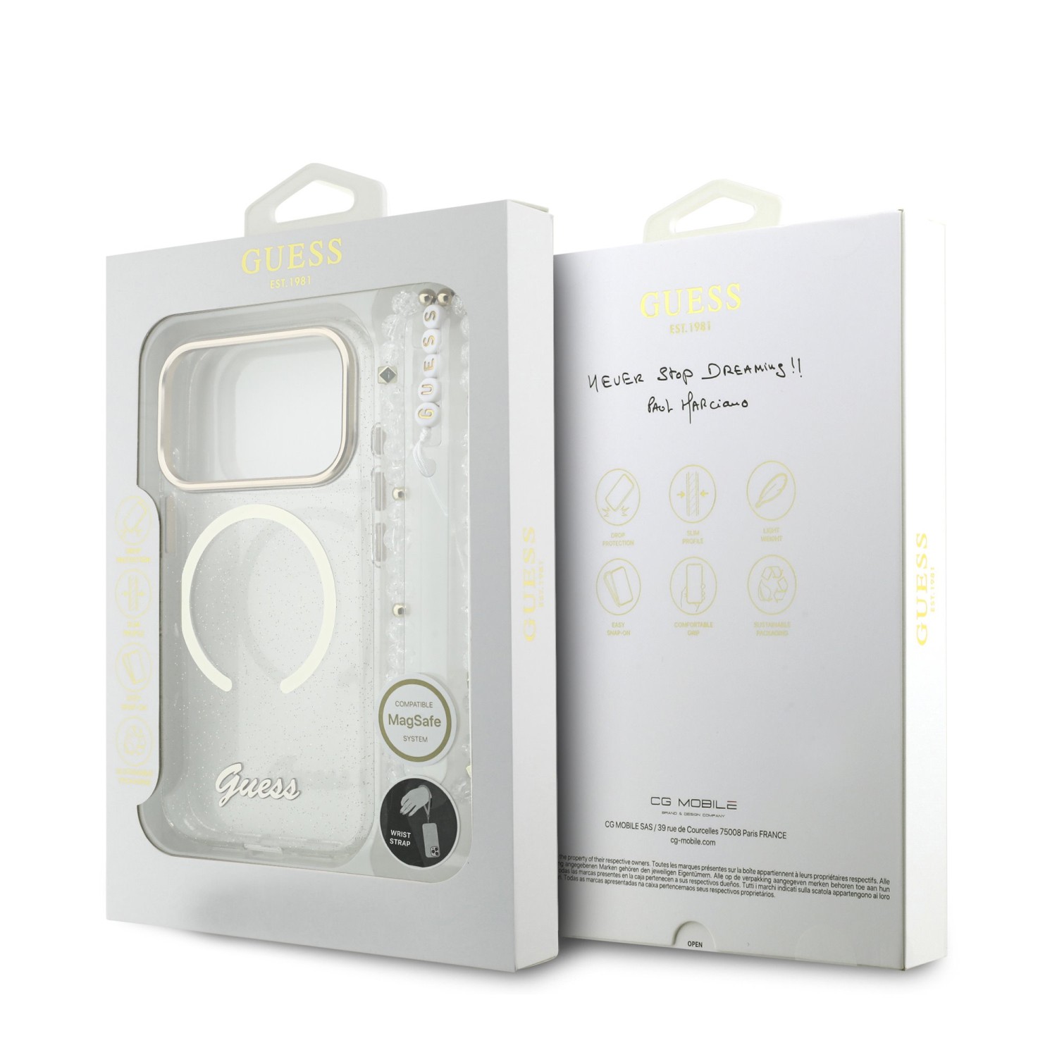 Guess IML Glitter Script Strap MagSafe Zadní Kryt pro iPhone 17 Pro Max Transparent