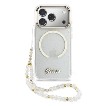 Zadní kryt Guess IML Glitter Script Strap MagSafe pro Apple iPhone 17 Pro, transparentmí
