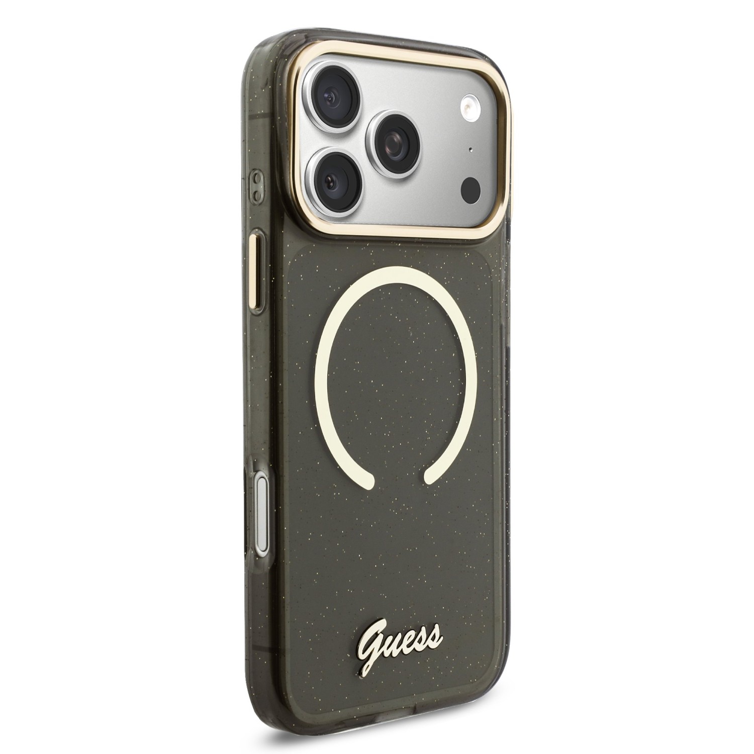 Guess IML Glitter Script Strap MagSafe Zadní Kryt pro iPhone 17 Pro Max Black