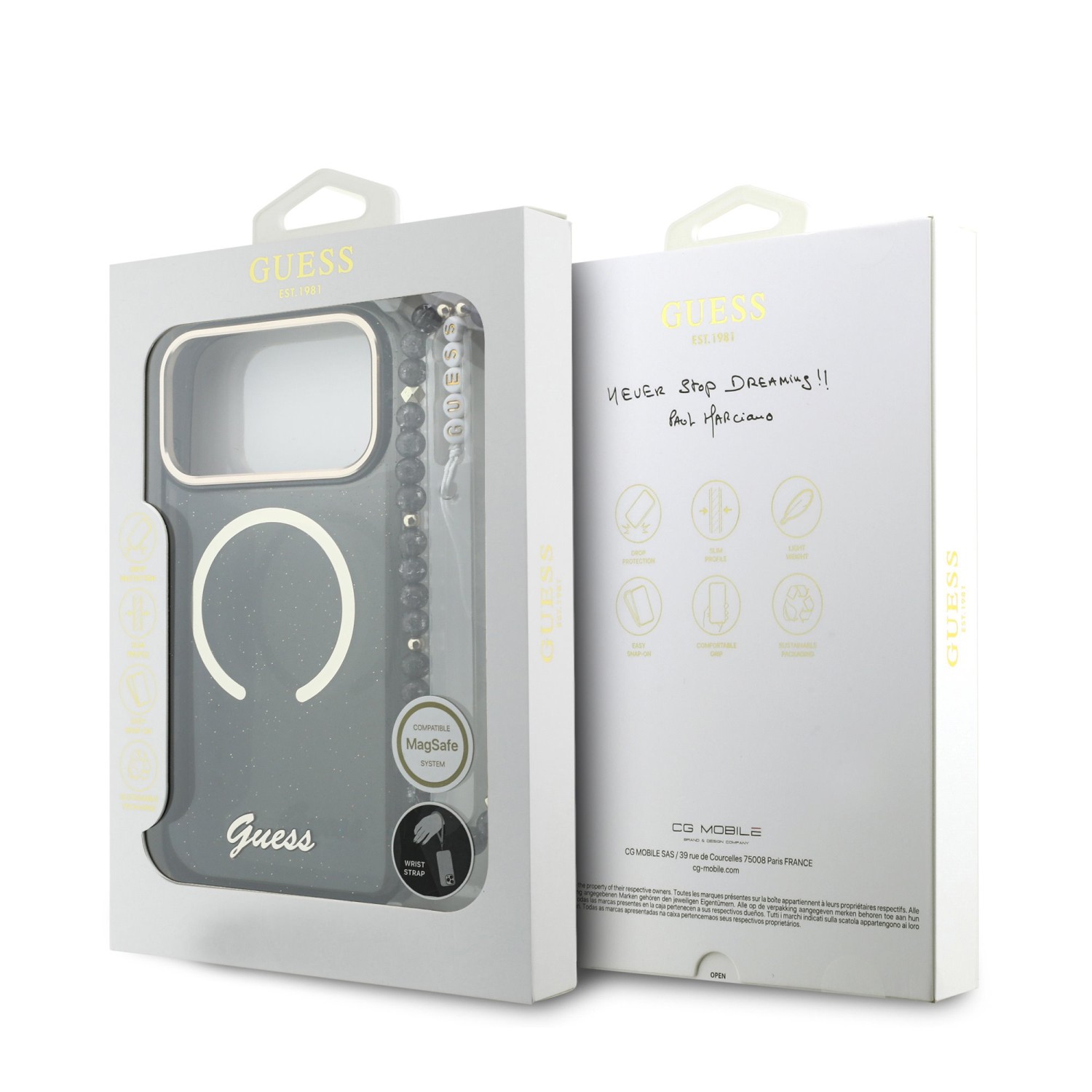 Guess IML Glitter Script Strap MagSafe Zadní Kryt pro iPhone 17 Pro Max Black