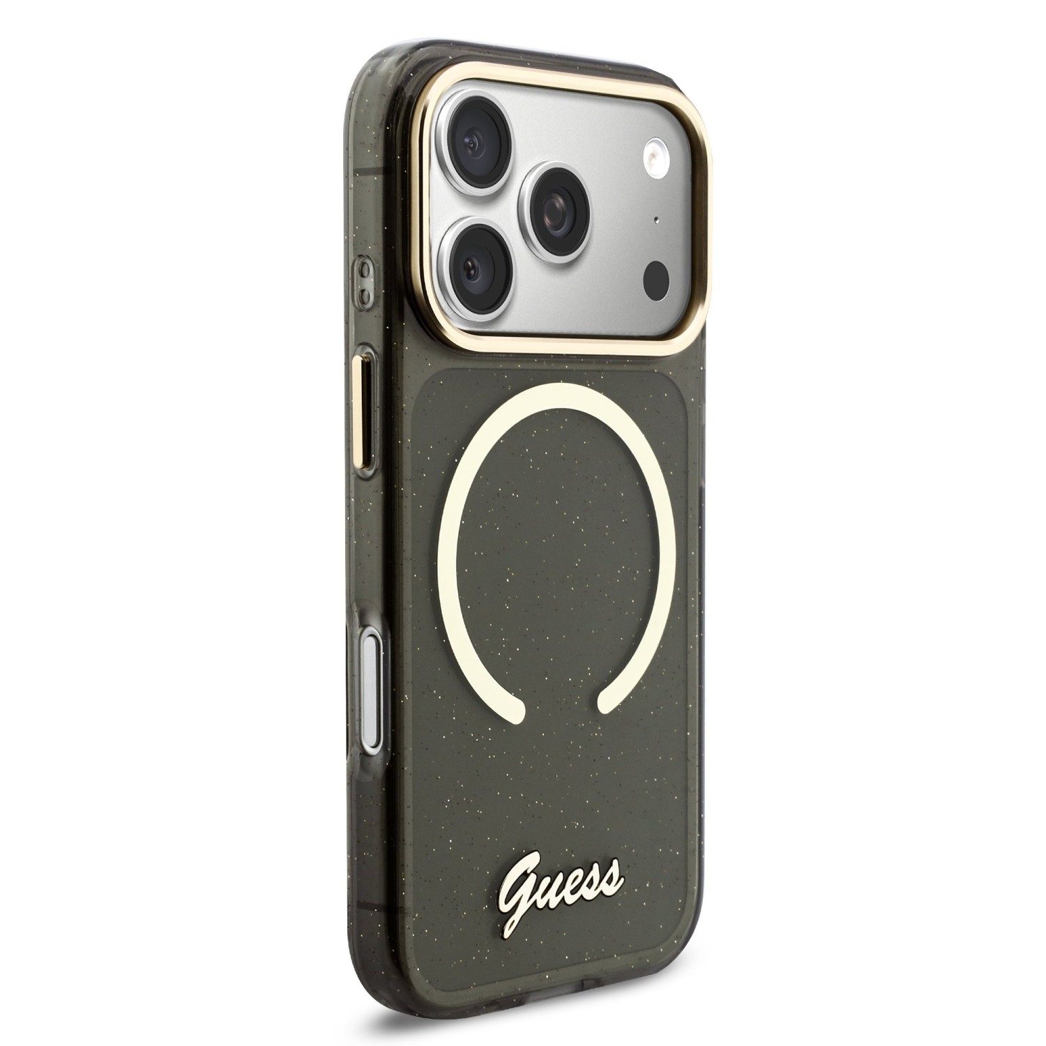 Guess IML Glitter Script Strap MagSafe Zadní Kryt pro iPhone 17 Pro Black