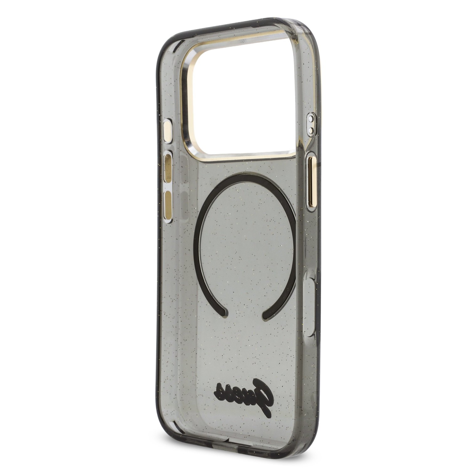 Guess IML Glitter Script Strap MagSafe Zadní Kryt pro iPhone 17 Pro Black