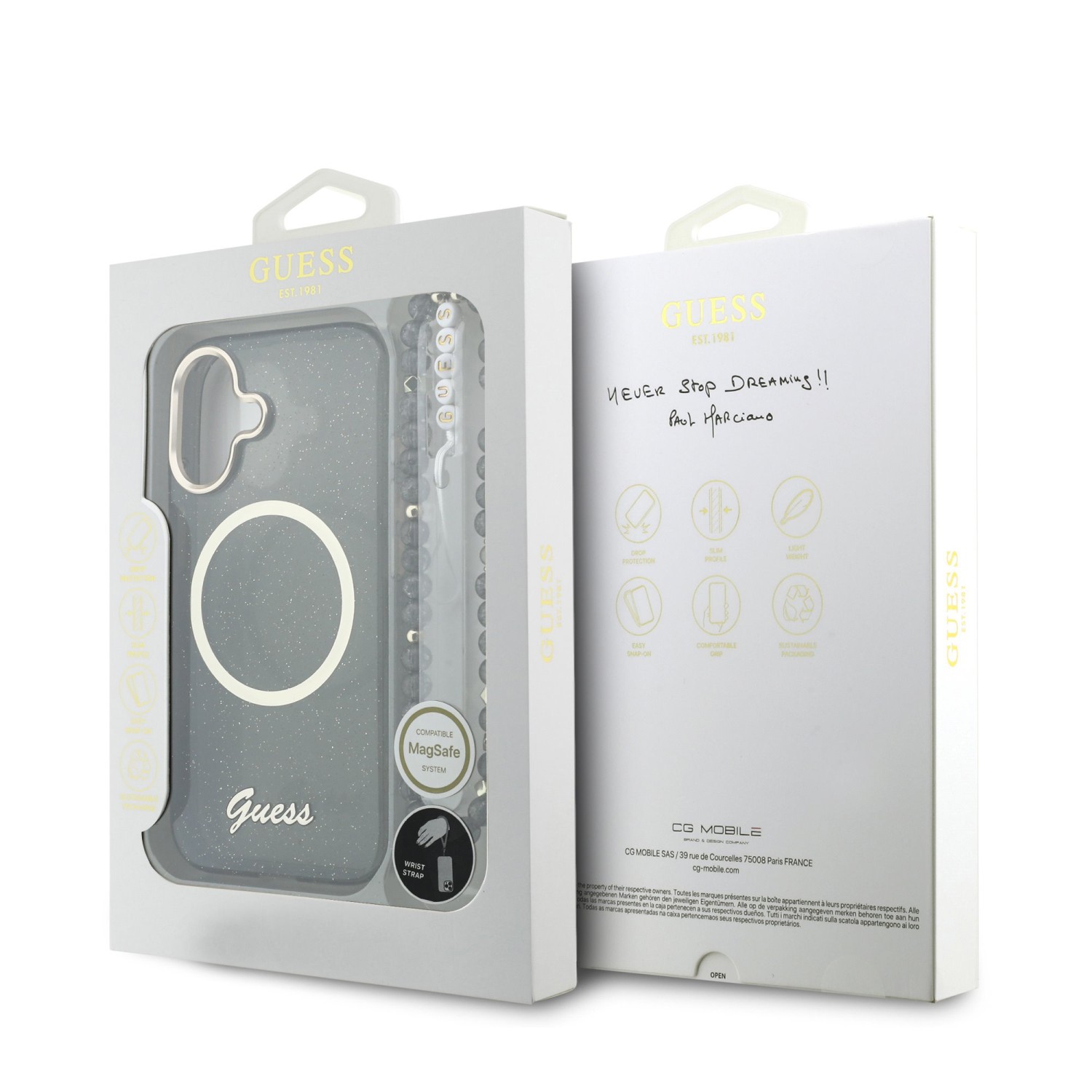 Guess IML Glitter Script Strap MagSafe Zadní Kryt pro iPhone 17 Black