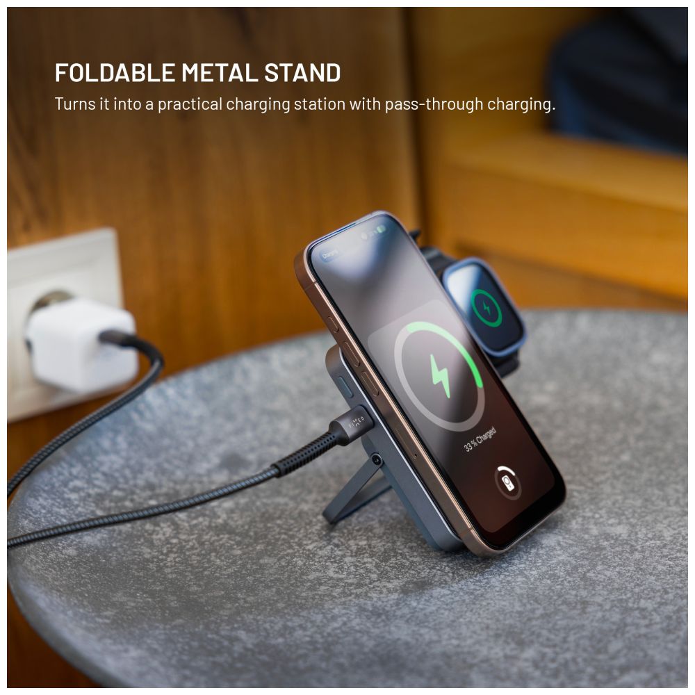 Powerbanka se stojánkem FIXED MagZen 5 Stand s integrovanou Apple Watch nabíječkou a podporou MagSafe, 5 000 mAh, šedá