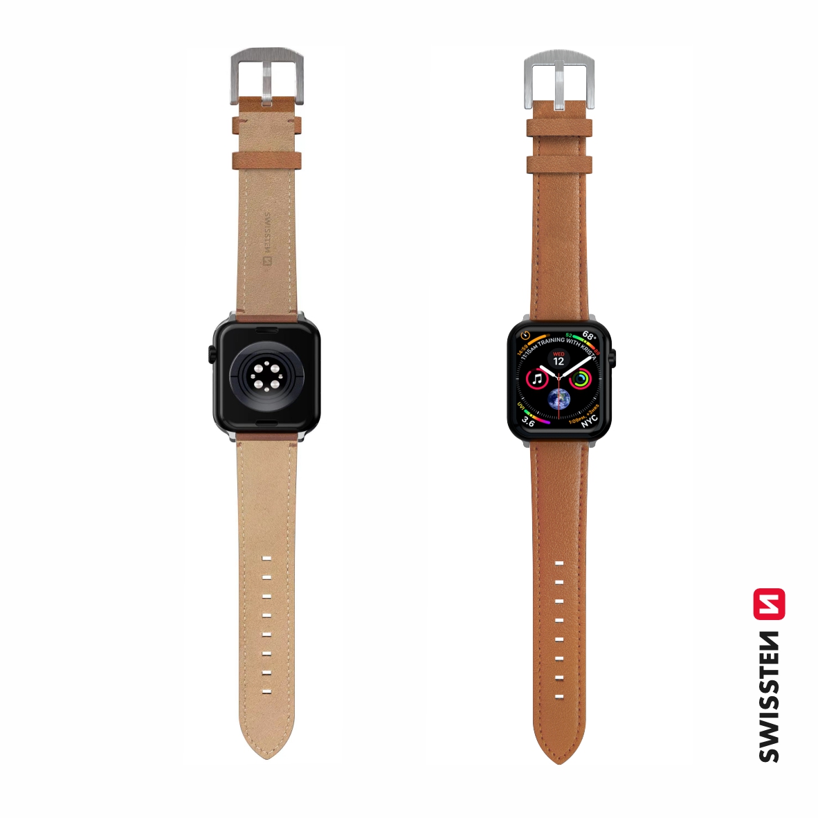 Swissten řemínek pro Apple Watch kožený 42 / 44 / 45 / 49 mm, hnědá (stříbrná spona a stříbrné poutko)