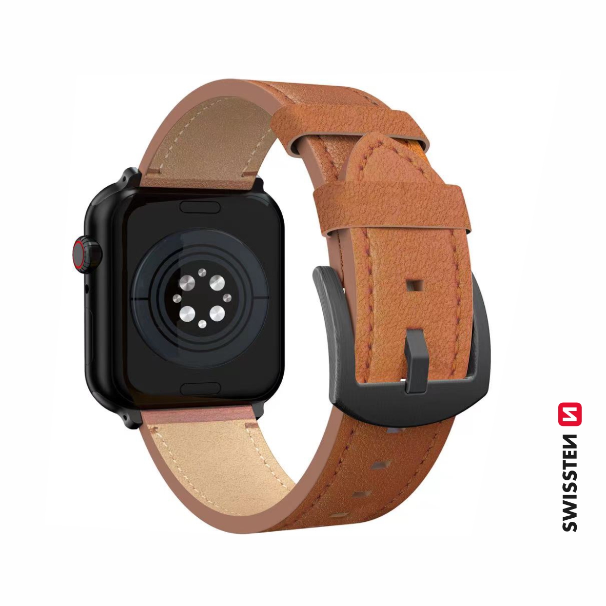 Swissten řemínek pro Apple Watch kožený 38 / 40 / 41 mm, hnědá (černá spona a černé poutko)
