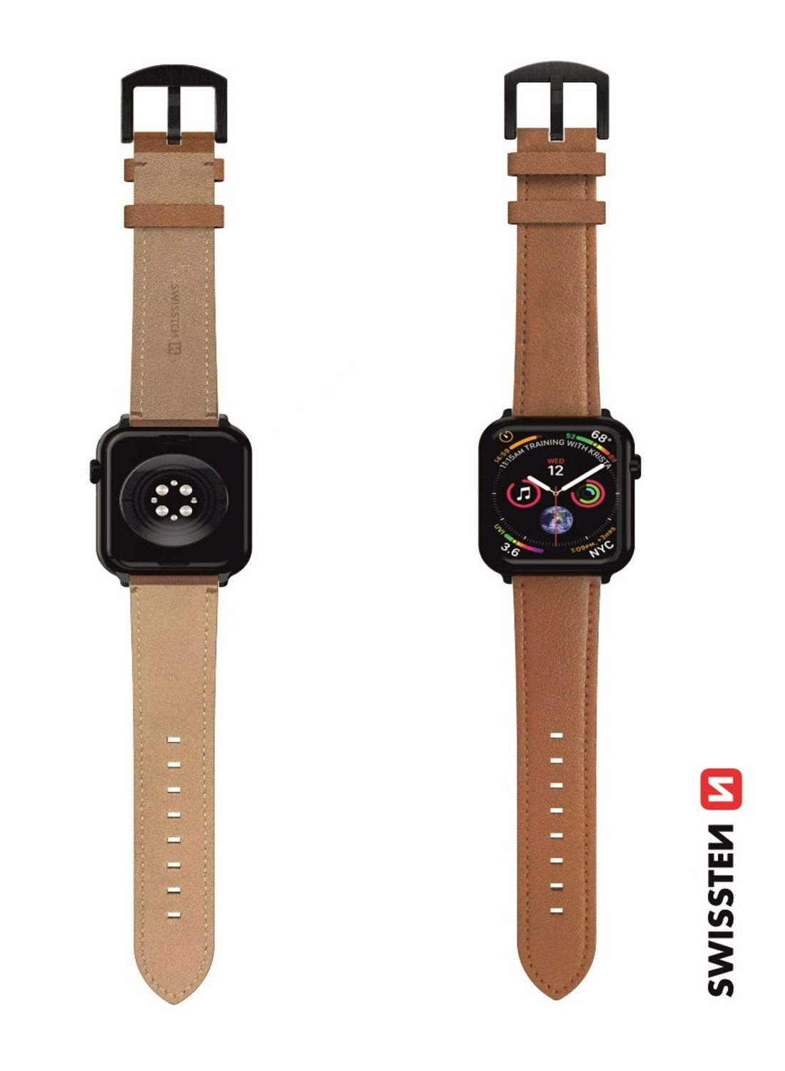 Swissten řemínek pro Apple Watch kožený 38 / 40 / 41 mm, hnědá (černá spona a černé poutko)
