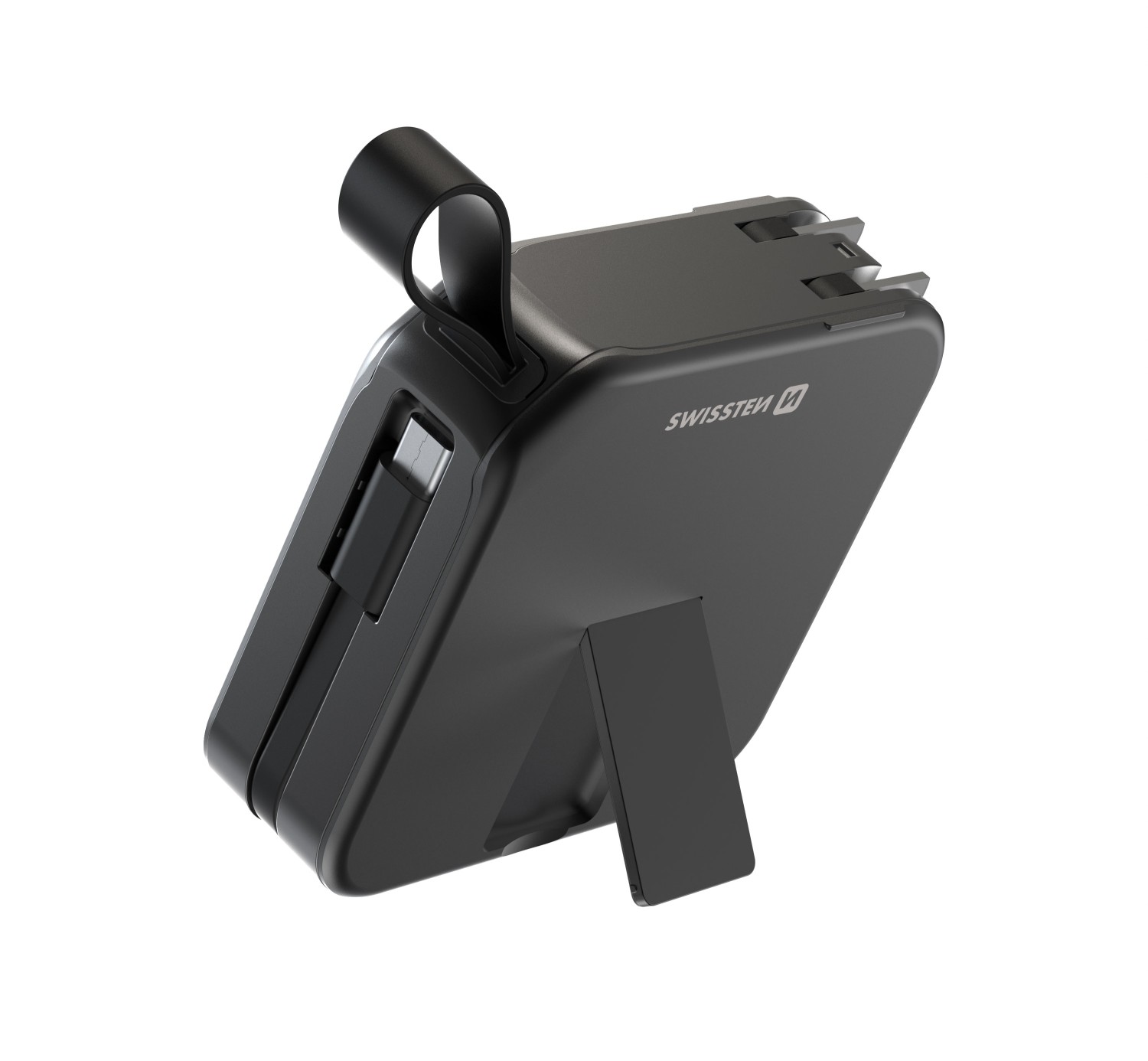 SWISSTEN  POWER BANK ALL-IN-ONE PRO S VÝMĚNNÝMI VIDLICEMI (USA, EU, UK) 10000 mAh 20W ČERNÁ