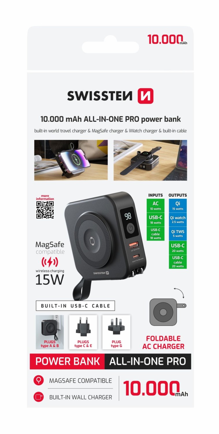 SWISSTEN  POWER BANK ALL-IN-ONE PRO S VÝMĚNNÝMI VIDLICEMI (USA, EU, UK) 10000 mAh 20W ČERNÁ