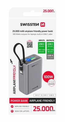 SWISSTEN POWER BANK CESTOVNÍ 25000 mAh (96.25Wh) 100W S INTEGROVANÝM KABELEM USB-C ŠEDÁ