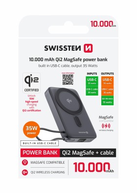 SWISSTEN POWER BANK MagSafe Qi2 10000 mAh 15W S INTEGROVANÝM KABELEM USB-C ČERNÁ