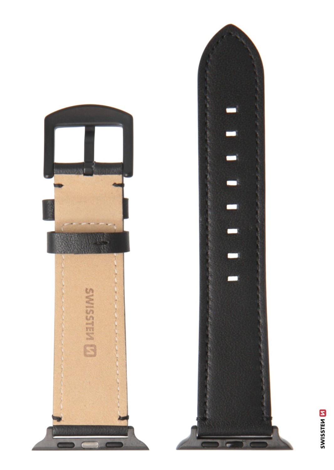 Swissten řemínek pro Apple Watch kožený 42 / 44 / 45 / 49 mm, černá (černá spona a černé poutko)
