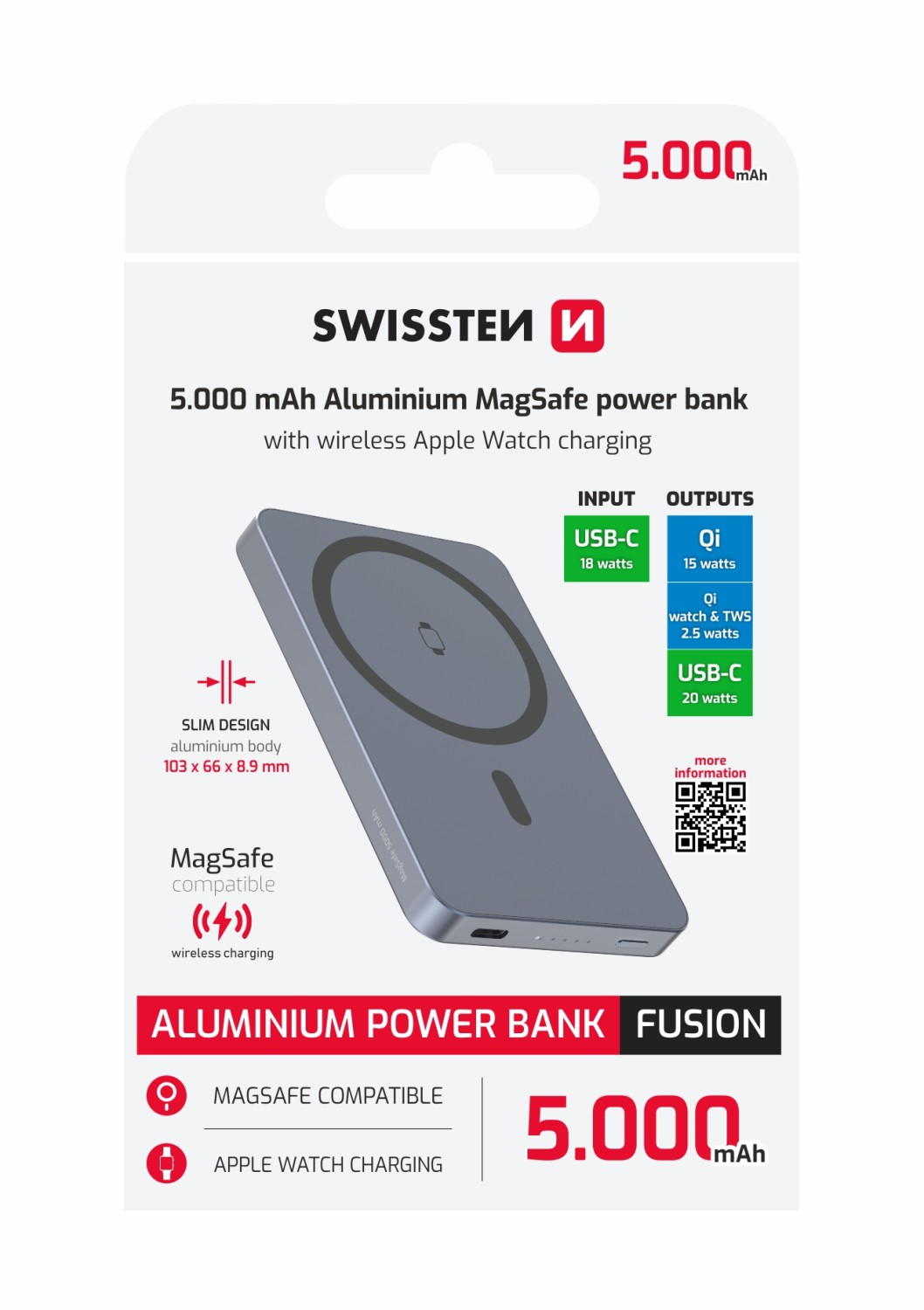 SWISSTEN POWER BANK FUSION 5000 mAh S NABÍJENÍM APPLE WATCH (kompatibilní s MagSafe) STŘÍBRNÁ