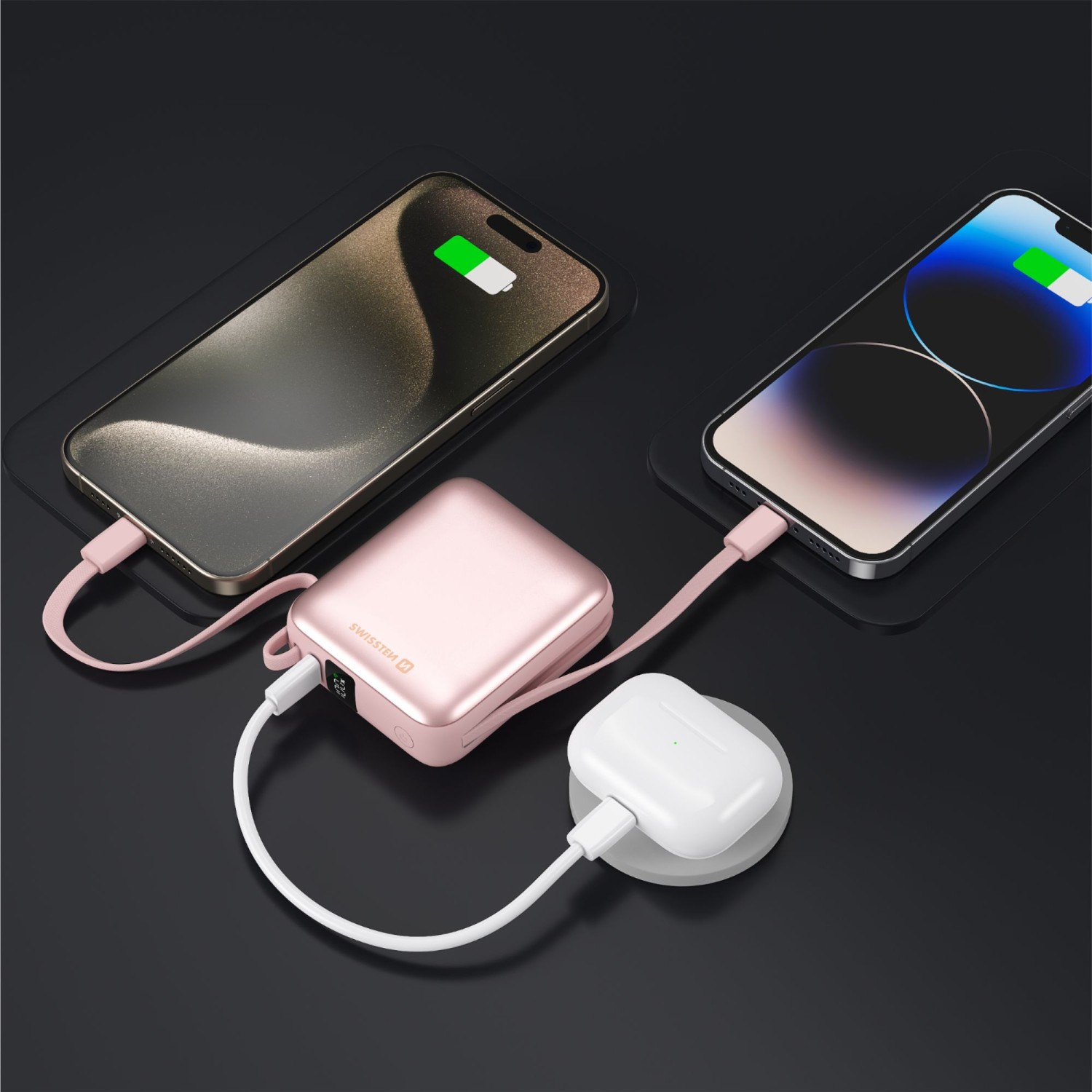 SWISSTEN POWER BANK SPACE 10000 mAh S INTEGROVANÝMI KABELY  USB-C A LIGHTNING RŮŽOVÁ