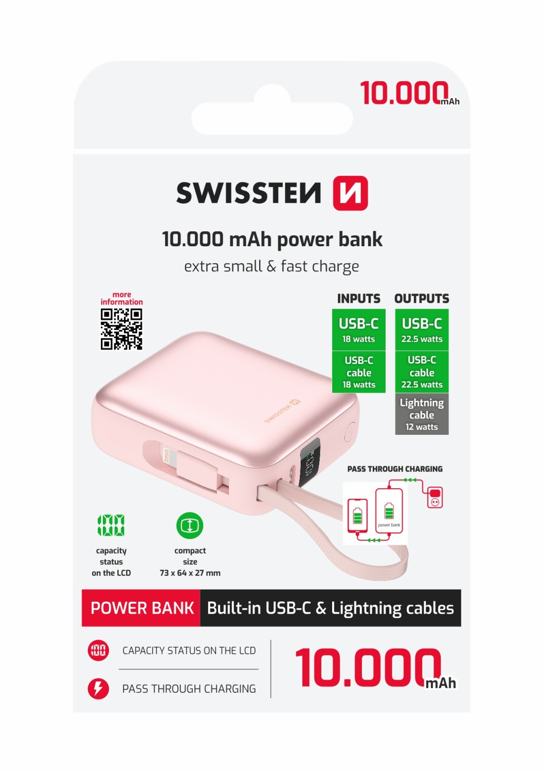 SWISSTEN POWER BANK SPACE 10000 mAh S INTEGROVANÝMI KABELY  USB-C A LIGHTNING RŮŽOVÁ