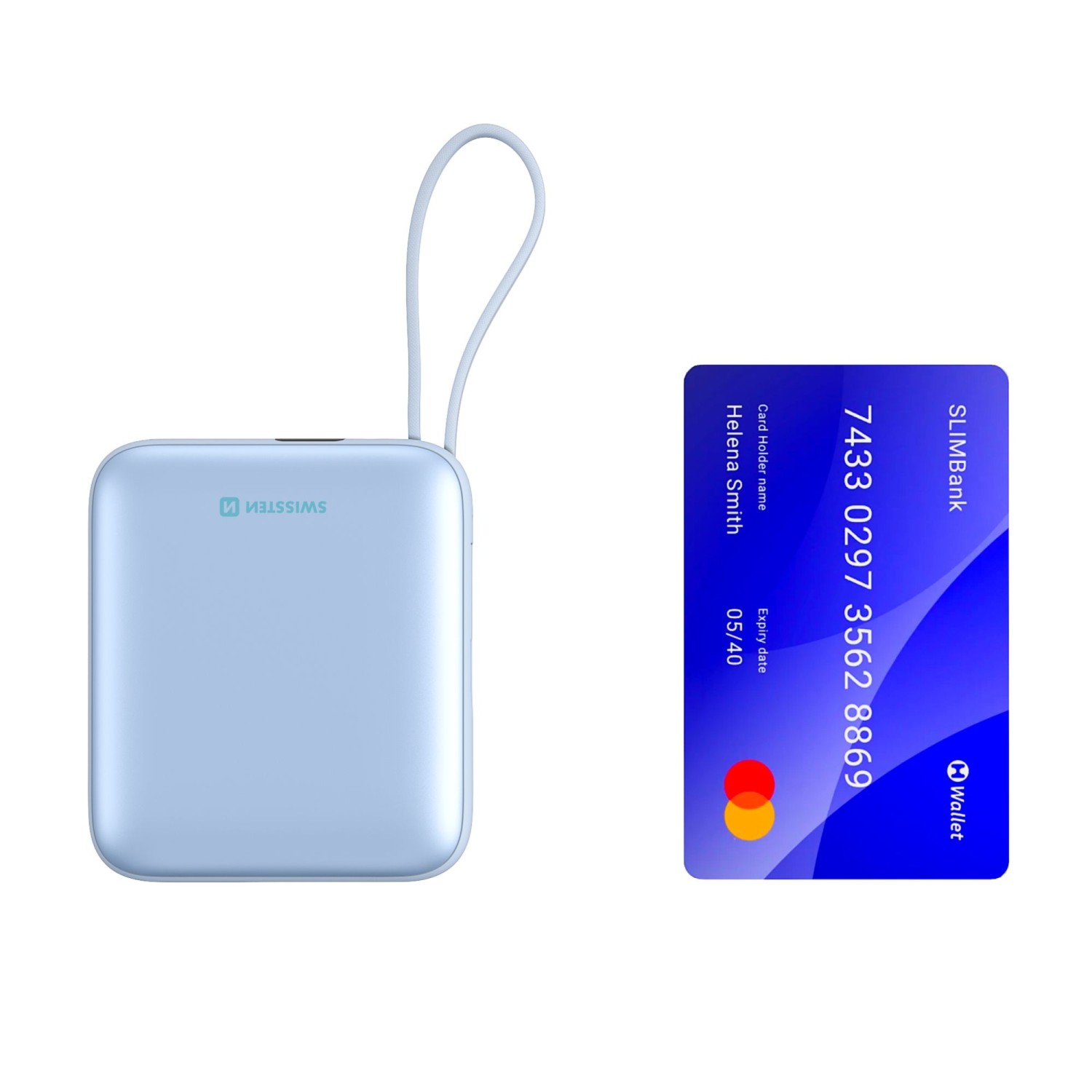 SWISSTEN POWER BANK SPACE 10000 mAh S INTEGROVANÝMI KABELY USB-C A LIGHTNING MODRÁ