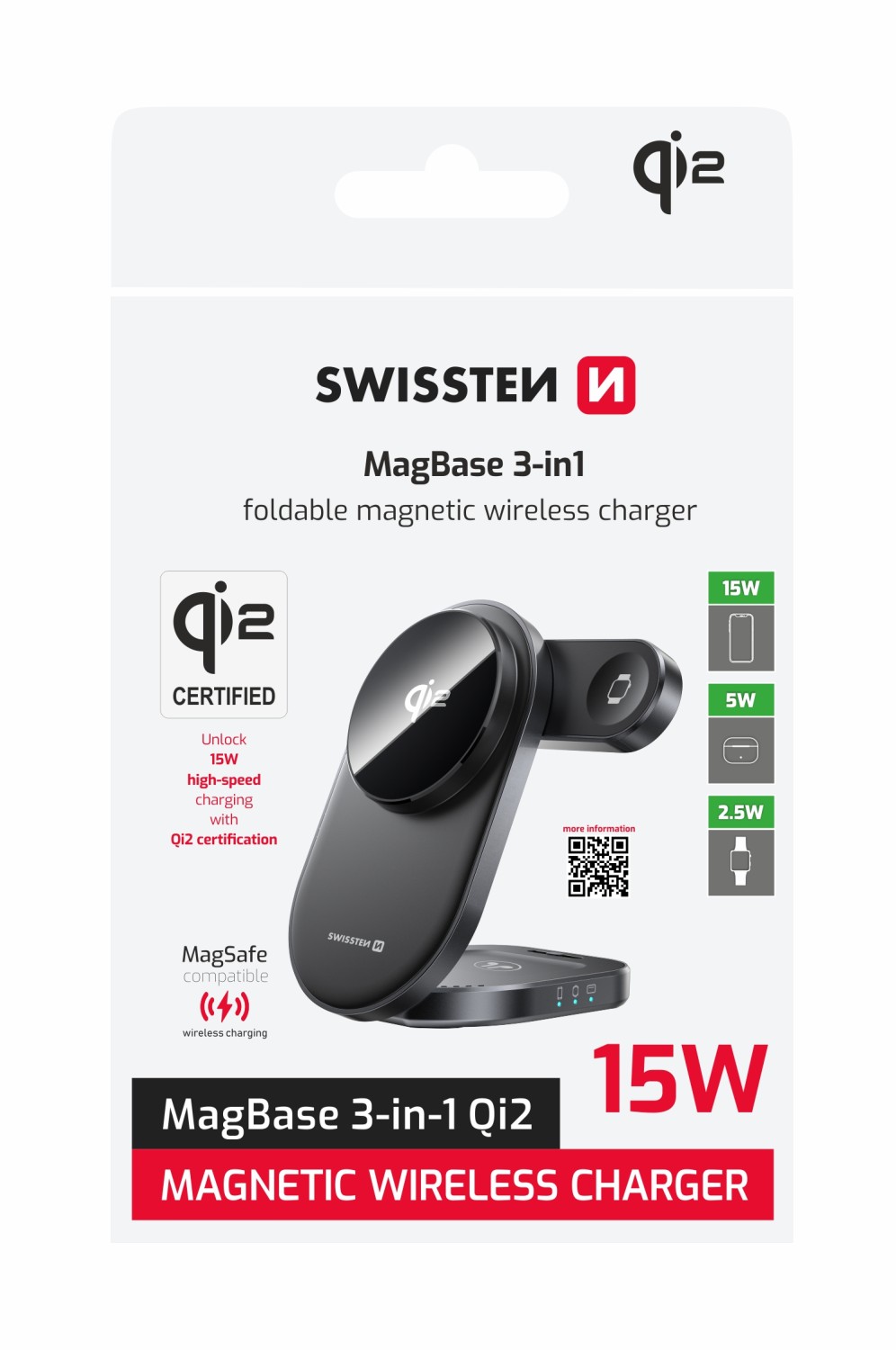 Skládací bezdrátová Qi2 nabíječka Swissten MagBase 3v1 (kompatibilní s MagSafe) černá